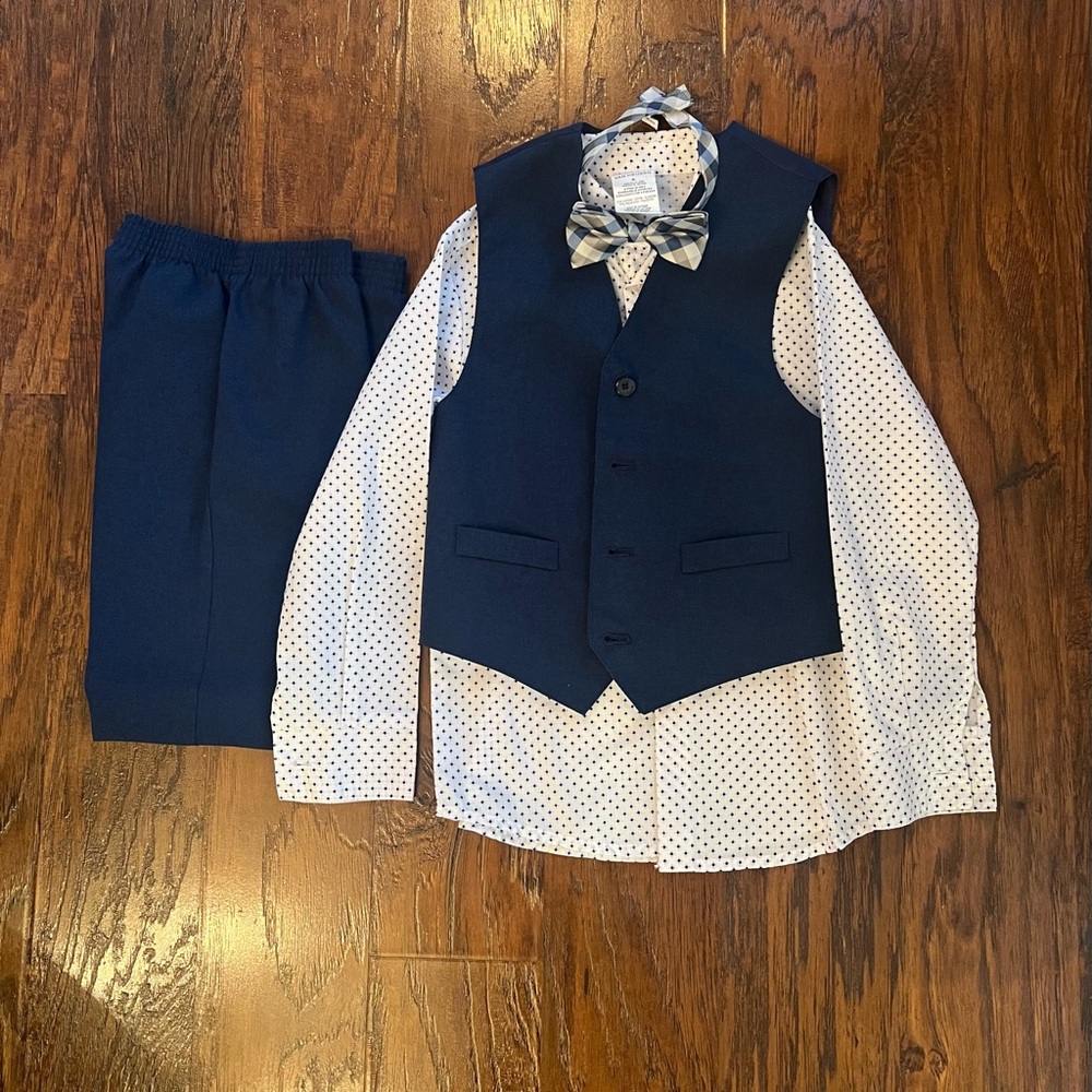 Boys Van Heusen Blue Vest with Polka Dot Shirt Pants and Bow Tie